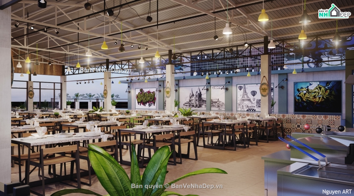 Tổng hợp 10 mẫu Sketchup phối cảnh nhà hàng quán ăn được phối cảnh không gian nội và ngoại thất